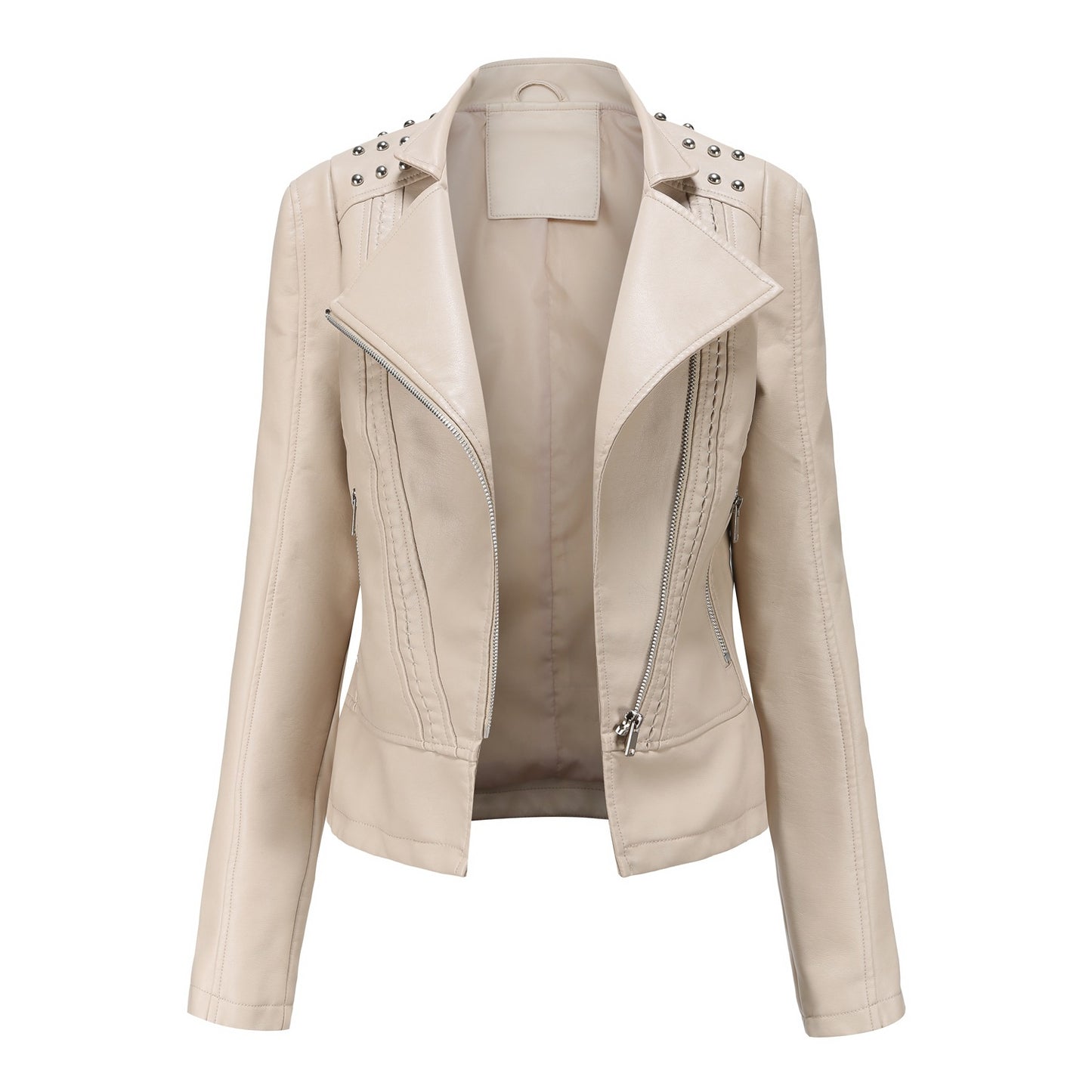 Beaded Leather Women’s Long-Sleeved Lapel Motorcycle Jacket