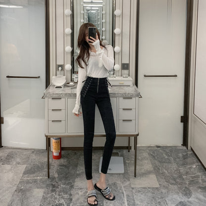 Women's High Waist Strappy Jeans Stretch Slim Fit