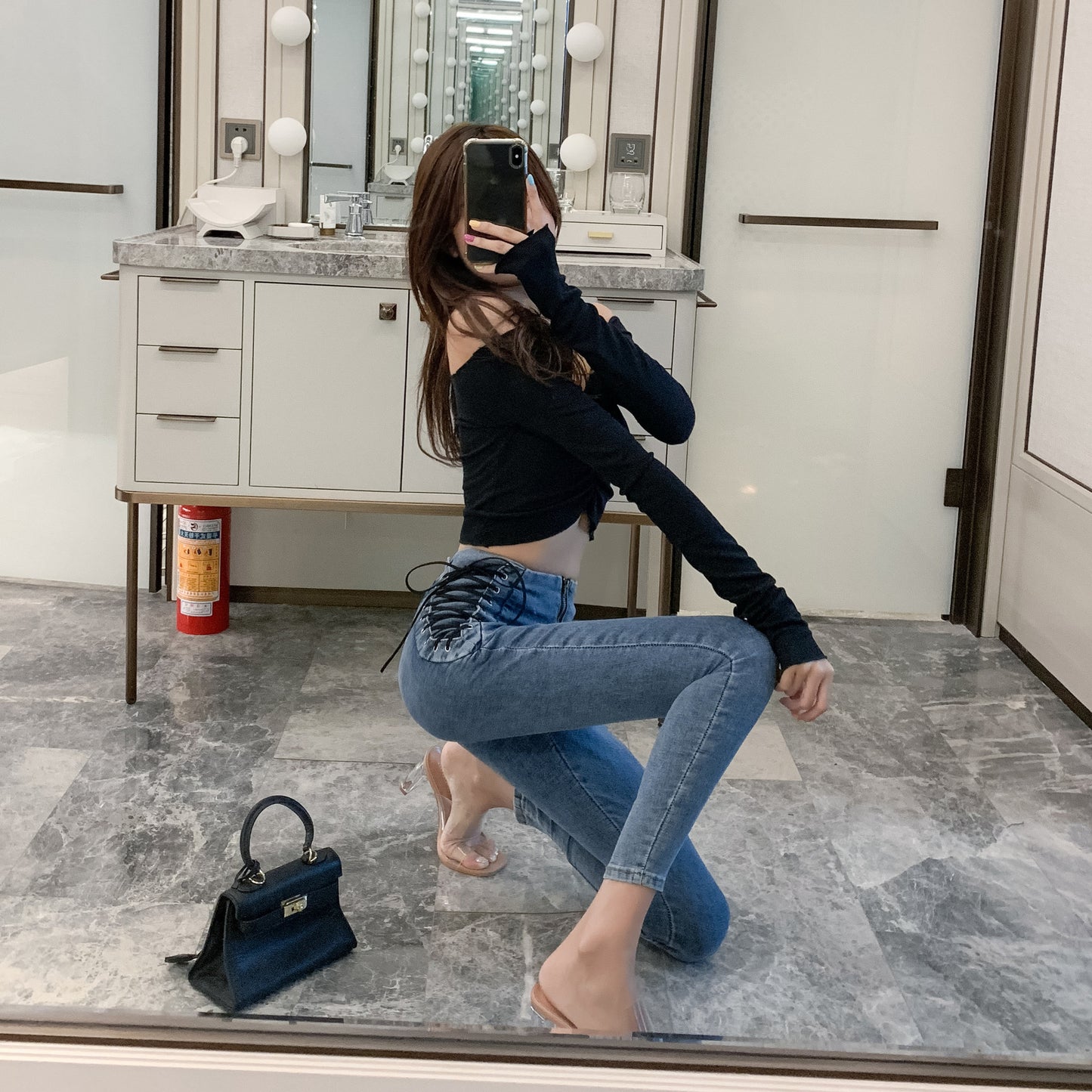 Women's High Waist Strappy Jeans Stretch Slim Fit