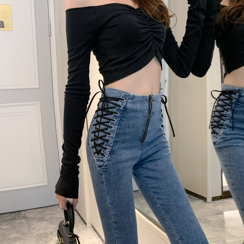 Women's High Waist Strappy Jeans Stretch Slim Fit