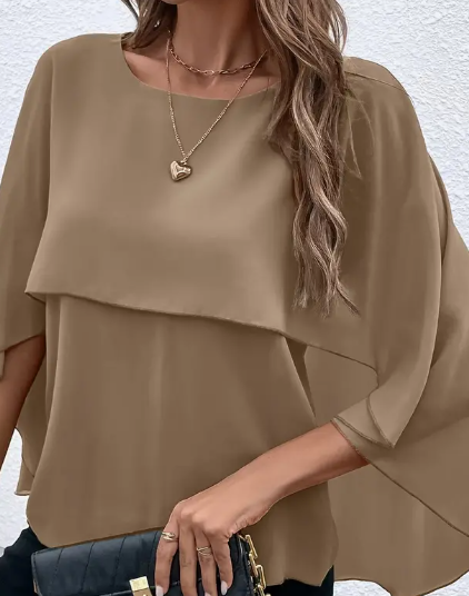 Solid Layered Cloak Sleeve Blouse for Women
