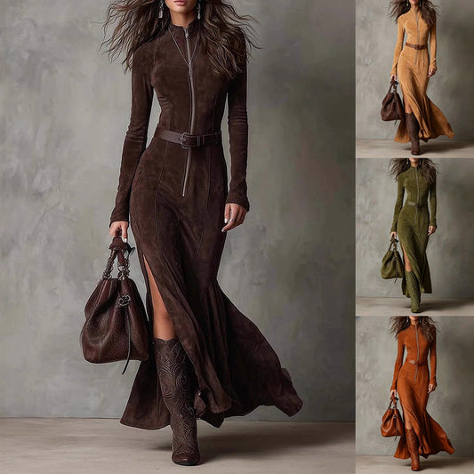 Slim Zipper Split Long-Sleeved Dress for Women