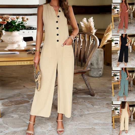 Fashion Sleeveless Button Design WideLeg Jumpsuit for Women