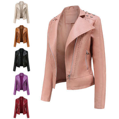 Beaded Leather Women’s Long-Sleeved Lapel Motorcycle Jacket