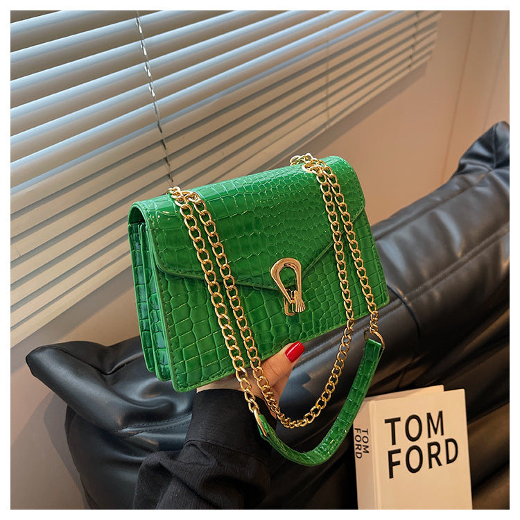 Womens Solid-Color Versatile Crocodile-Print Bag