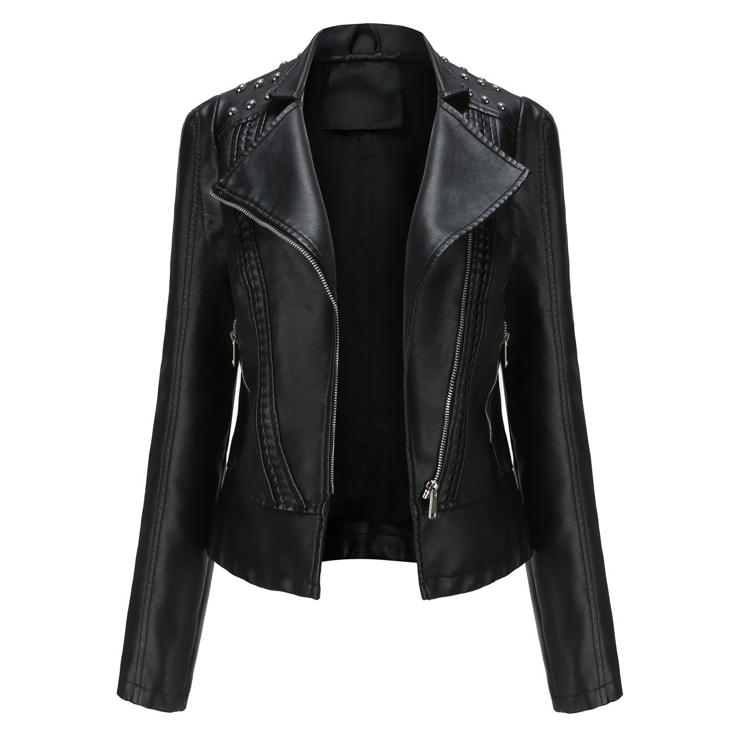 Beaded Leather Women’s Long-Sleeved Lapel Motorcycle Jacket