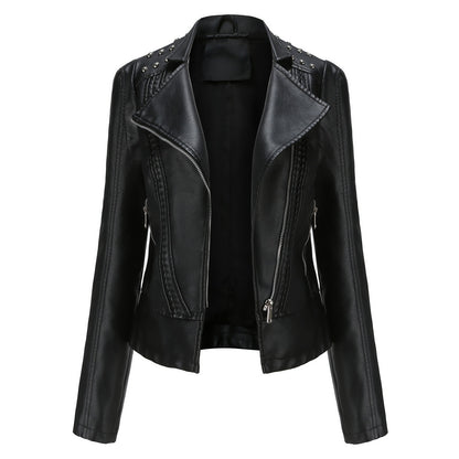 Beaded Leather Women’s Long-Sleeved Lapel Motorcycle Jacket