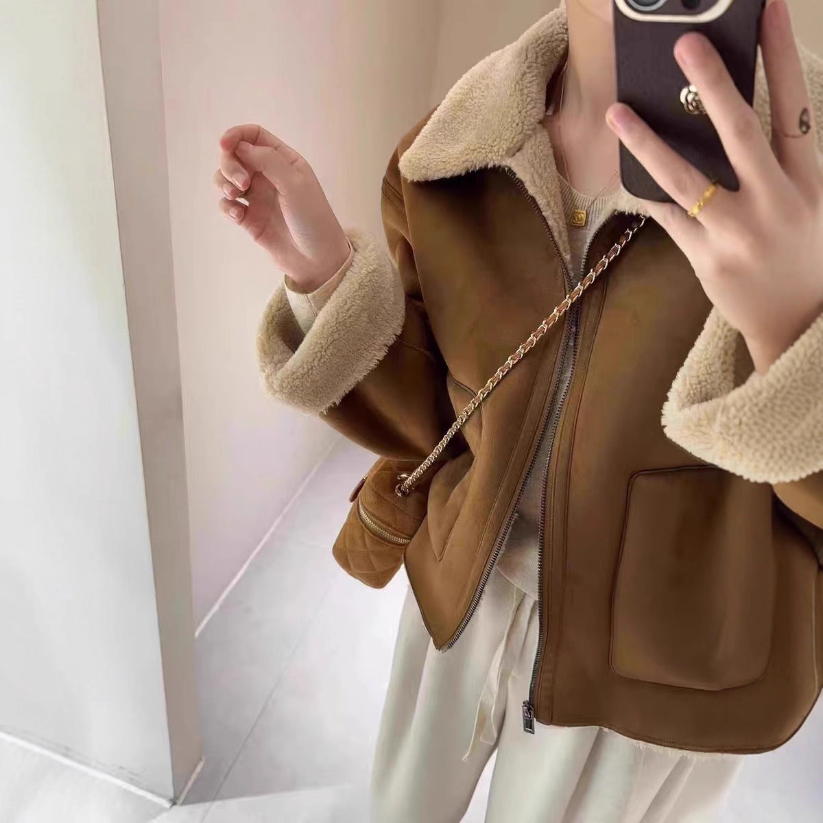 American Retro Warm Short Lapel Motorcycle Jacket