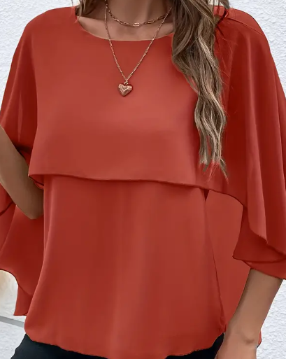 Solid Layered Cloak Sleeve Blouse for Women
