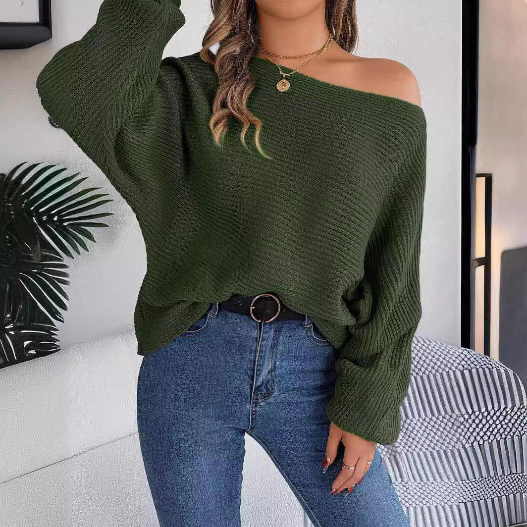 Casual Solid Color Batwing Sleeve Pullover Sweater
