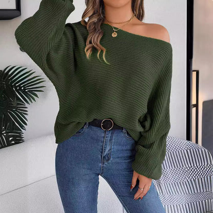 Casual Solid Color Batwing Sleeve Pullover Sweater