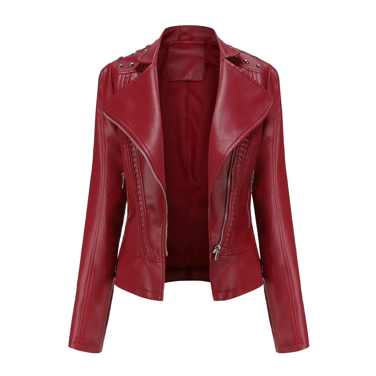 Beaded Leather Women’s Long-Sleeved Lapel Motorcycle Jacket