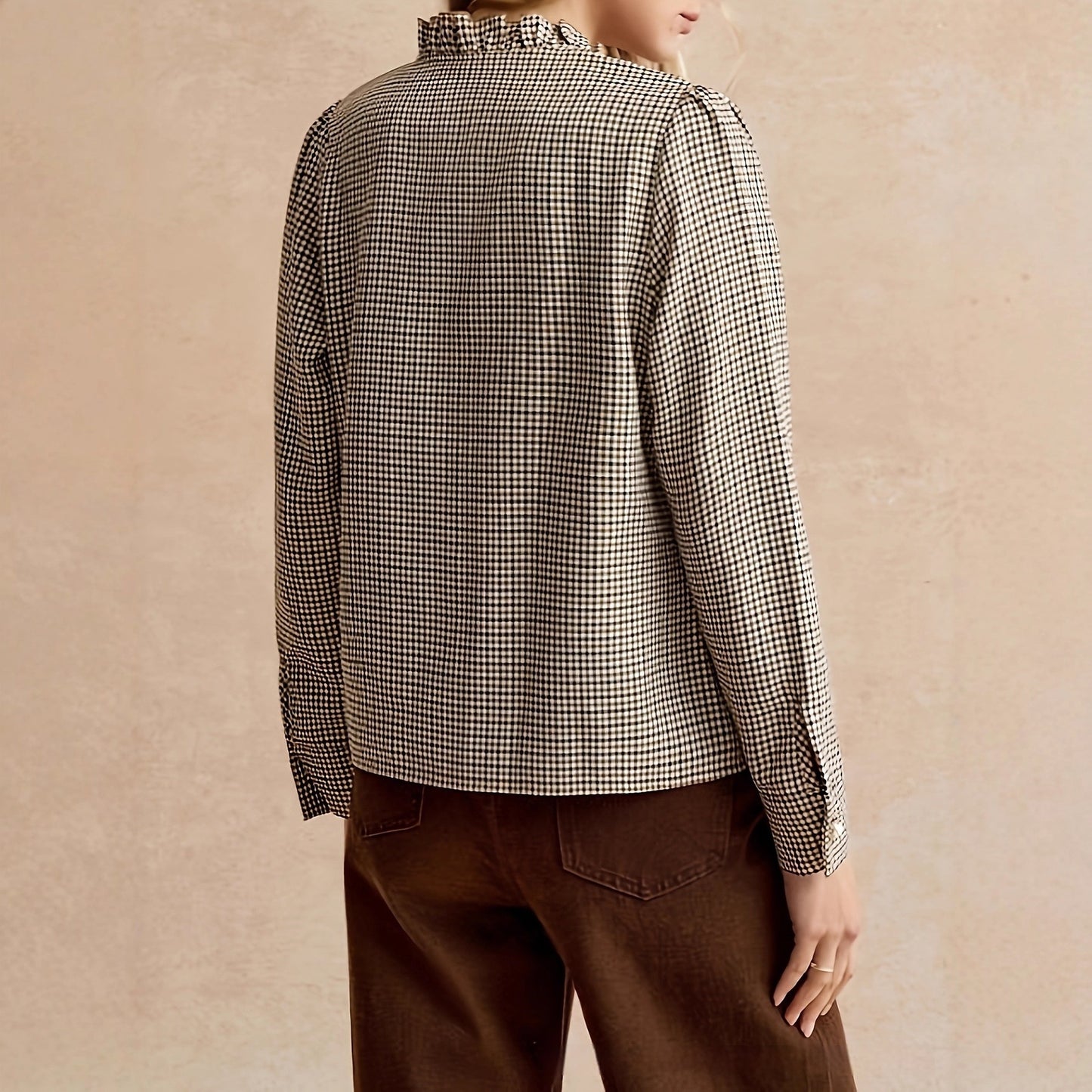 Houndstooth Ruffled Small Stand-up Collar Shirt