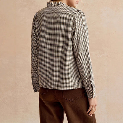Houndstooth Ruffled Small Stand-up Collar Shirt