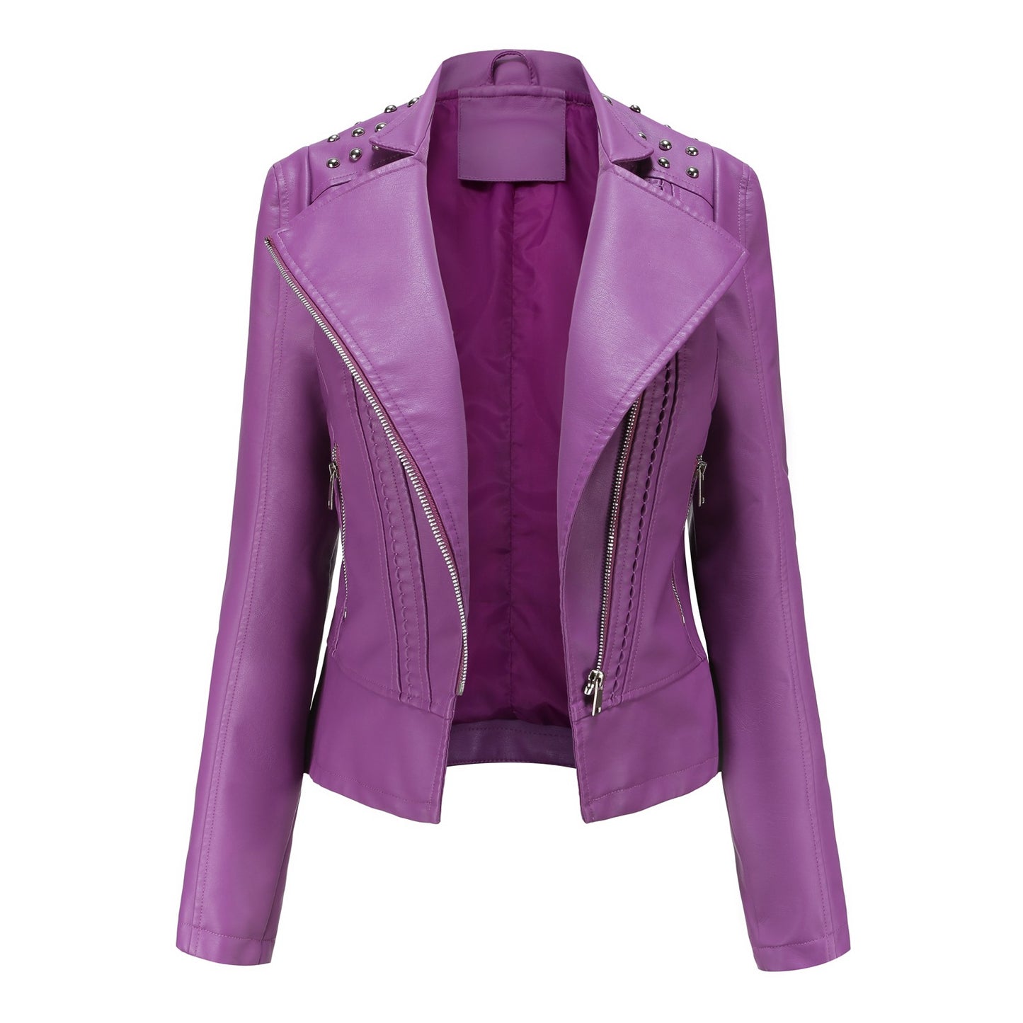 Beaded Leather Women’s Long-Sleeved Lapel Motorcycle Jacket