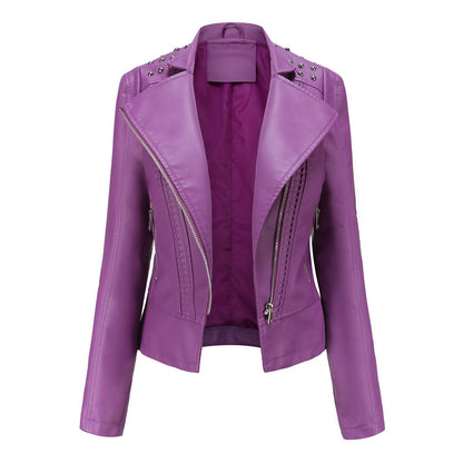 Beaded Leather Women’s Long-Sleeved Lapel Motorcycle Jacket