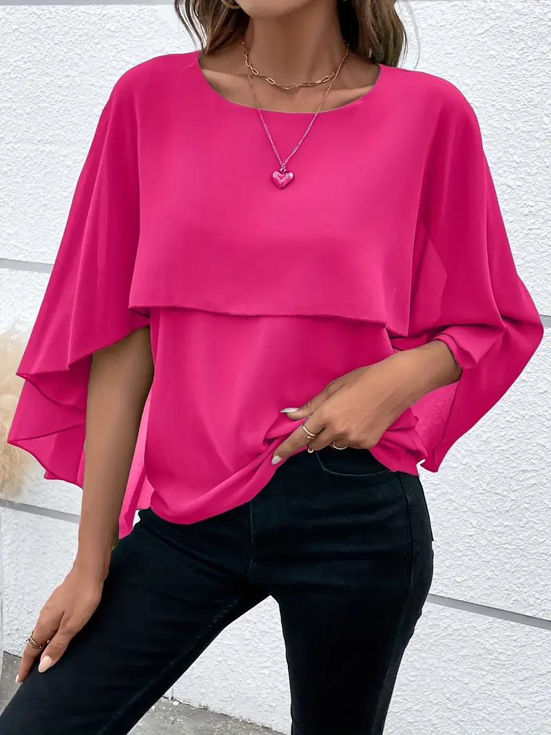 Solid Layered Cloak Sleeve Blouse for Women