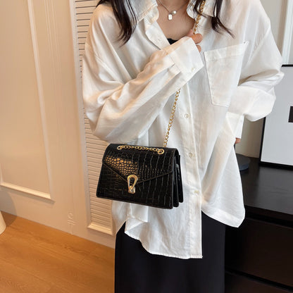 Womens Solid-Color Versatile Crocodile-Print Bag