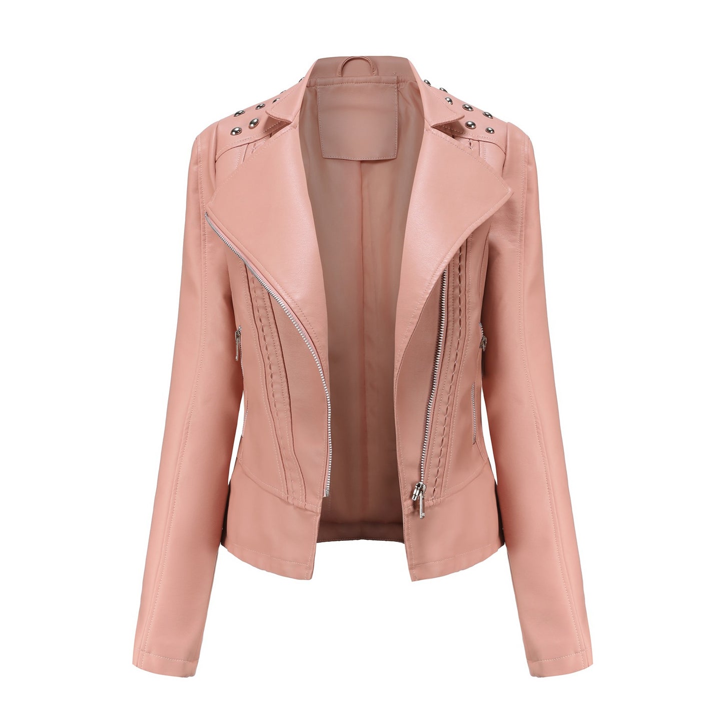 Beaded Leather Women’s Long-Sleeved Lapel Motorcycle Jacket