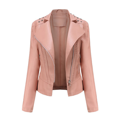Beaded Leather Women’s Long-Sleeved Lapel Motorcycle Jacket