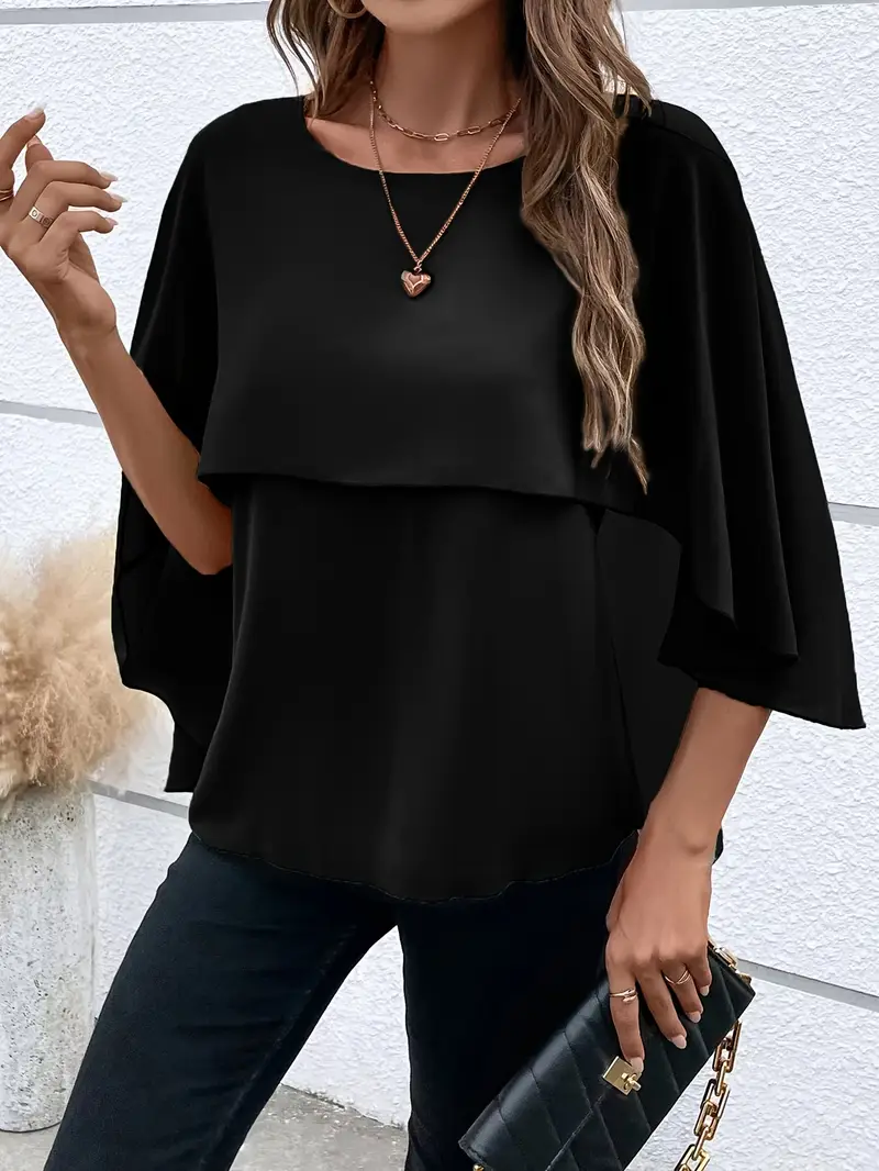 Solid Layered Cloak Sleeve Blouse for Women