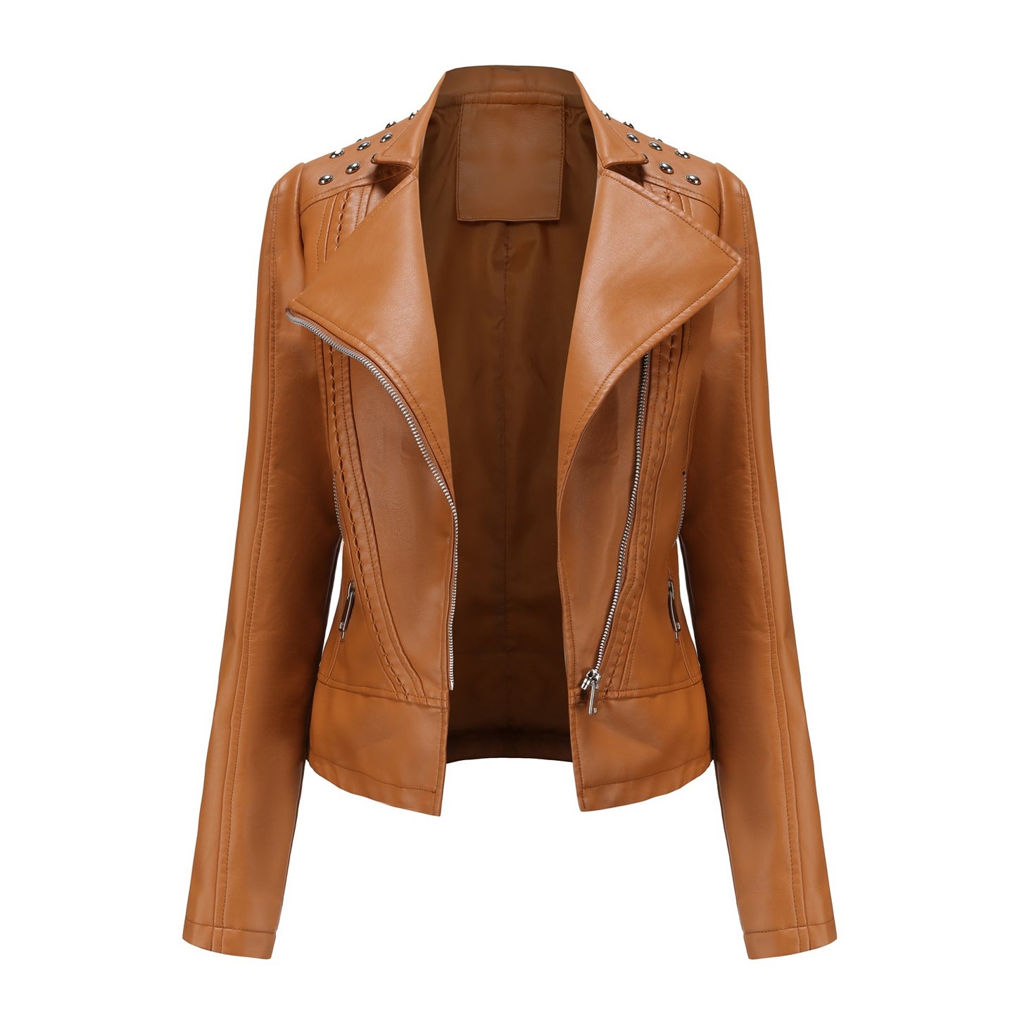 Beaded Leather Women’s Long-Sleeved Lapel Motorcycle Jacket