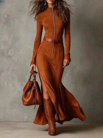 Slim Zipper Split Long-Sleeved Dress for Women