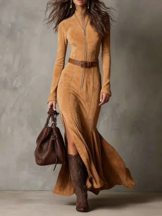Slim Zipper Split Long-Sleeved Dress for Women