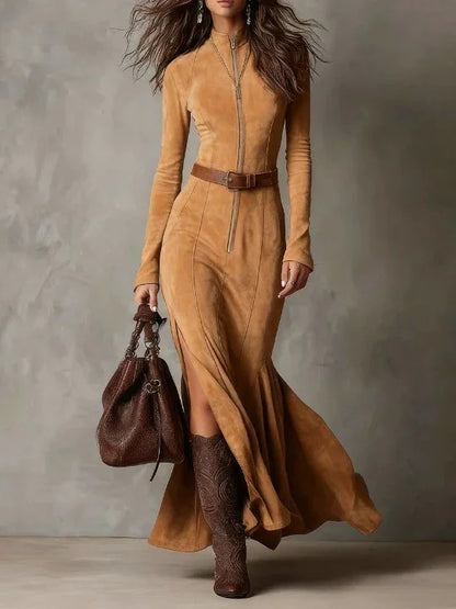 Slim Zipper Split Long-Sleeved Dress for Women