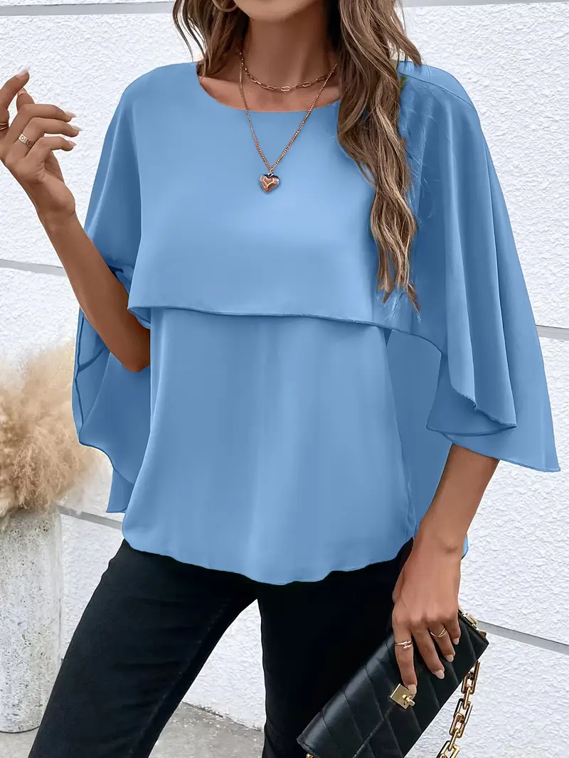 Solid Layered Cloak Sleeve Blouse for Women