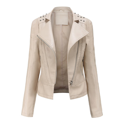 Beaded Leather Women’s Long-Sleeved Lapel Motorcycle Jacket