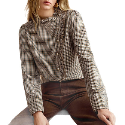 Houndstooth Ruffled Small Stand-up Collar Shirt