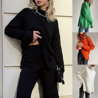 Fashion Split High Neck Versatile Sweater Women