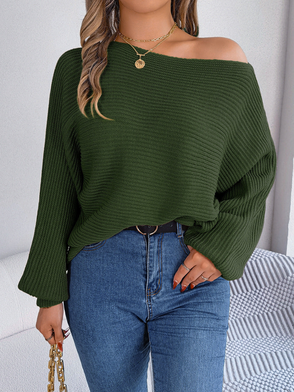 Casual Solid Color Batwing Sleeve Pullover Sweater
