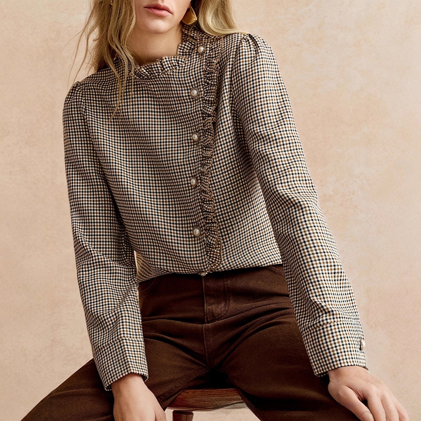 Houndstooth Ruffled Small Stand-up Collar Shirt