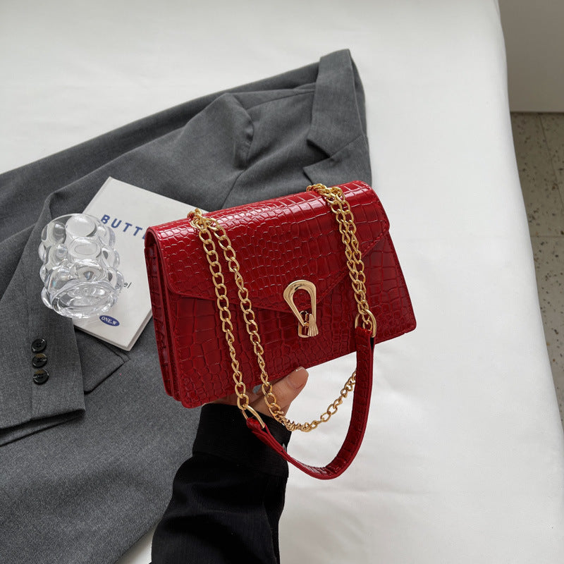 Womens Solid-Color Versatile Crocodile-Print Bag